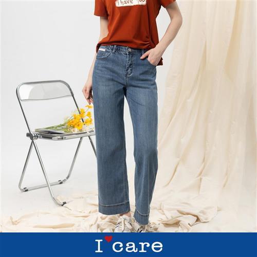 現貨【ICare 依卡】粉紅刺繡高彈性寬版牛仔褲（M-L）｜女牛仔長褲 牛仔寬褲 休閒長褲