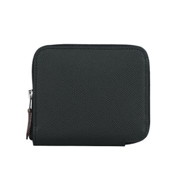 HERMES EPSOM皮 絲巾內裡ㄇ型拉鏈短夾(黑色)