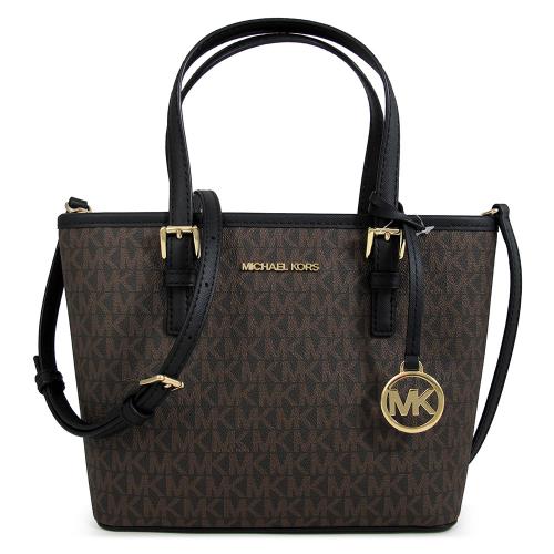 MICHAEL KORS 金字LOGO滿版小托特兩用包(咖黑色 )
