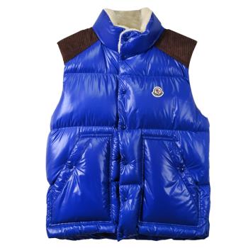 MONCLER 品牌雙向拉鍊款燈芯絨拼接羽絨背心.藍/咖