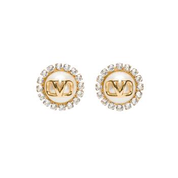Valentino Vlogo珍珠耳環(金/純色logo/珍珠外圈鑲晶鑽)