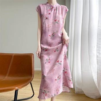 【巴黎精品】改良旗袍短袖連身裙-中國風櫻桃印花緞面女裙子3色a1iz18