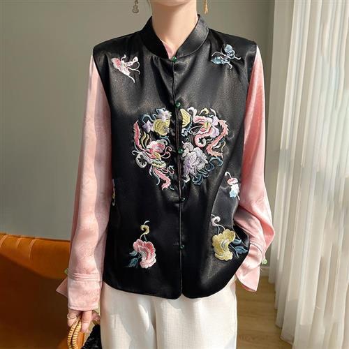 【巴黎精品】唐裝背心緞面外套-刺繡開衫無袖馬甲女外套a1iz35