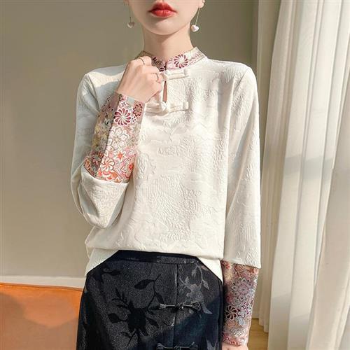 【巴黎精品】緞面T恤長袖上衣-提花復古拼色立領女裝3色a1iz72