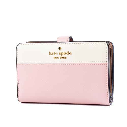 KATE SPADE Madison 拚色防刮十字紋釦式中夾-粉/白