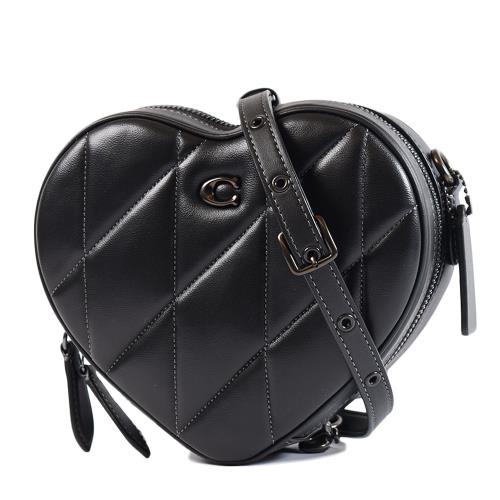 COACH 專櫃款 Heart 心型絎縫菱格拉鍊斜背包-黑色