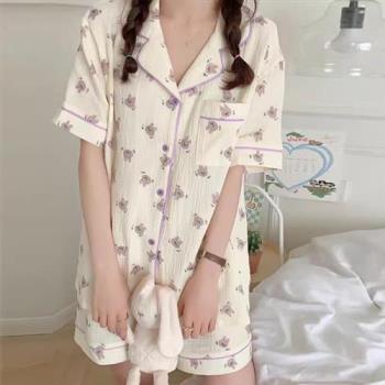 【韓國K.W.】現貨韓國紫兔兔棉睡衣蕾絲碎花短袖短褲大碼家居服套裝