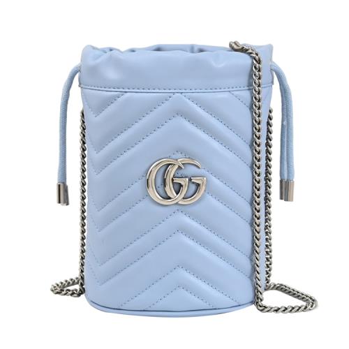 GUCCI 575163 GG Marmont 束口斜背迷你水桶銀鍊包.天藍
