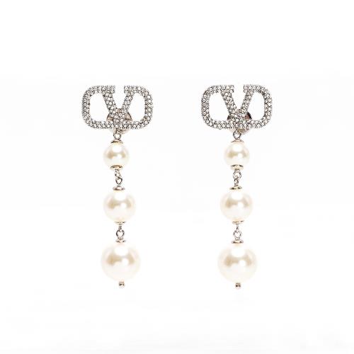 Valentino 銀色Vlogo垂墜珍珠耳環(鑲晶logo/三顆珍珠)