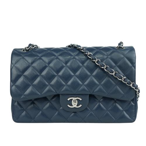 二手商品8.8成新_CHANEL 荔枝牛皮雙蓋銀鍊JUMBO COCO(30CM)(深藍色)