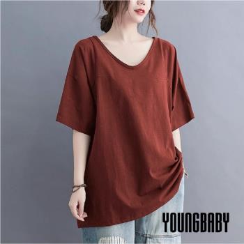 【YOUNGBABY中大碼】美背一折V領純色中長版棉質上衣 中大尺碼女裝