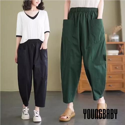 【YOUNGBABY中大碼】插手大口袋純色九分棉質哈倫褲 中大尺碼女裝