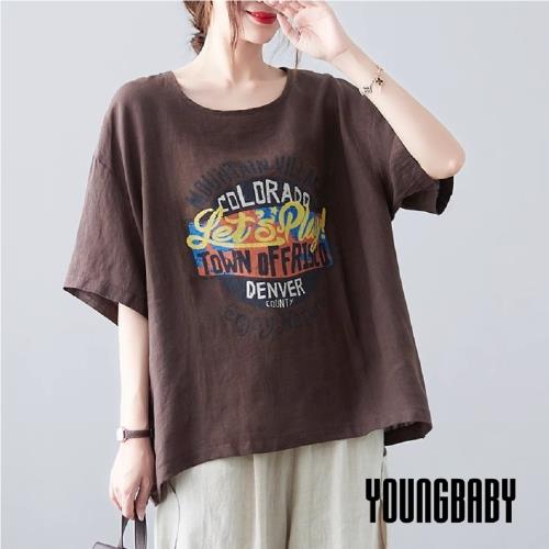 【YOUNGBABY中大碼】圓領Play斑駁印花圓形圖騰亞麻T 中大尺碼女裝