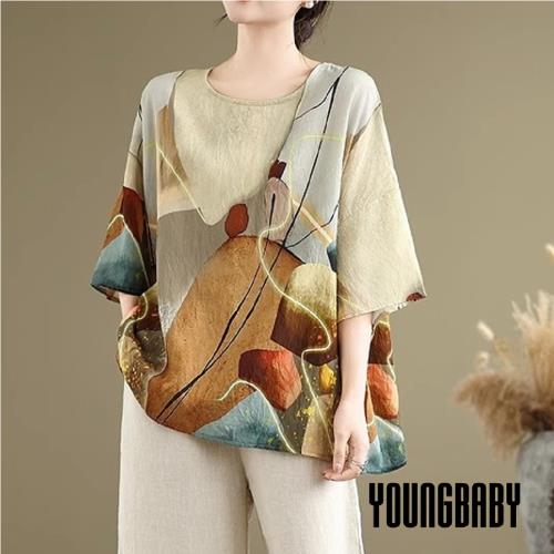 【YOUNGBABY中大碼】圓領圖形幾何光影蝙蝠袖棉麻上衣 中大尺碼女裝