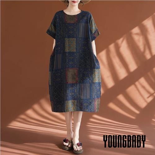 【YOUNGBABY中大碼】圓領方塊圖形民俗風棉麻洋裝 中大尺碼女裝