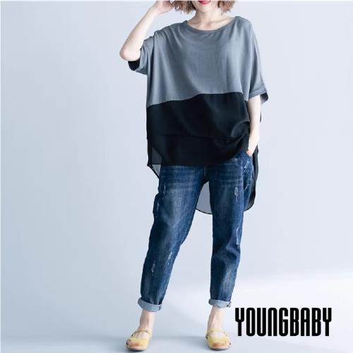 【YOUNGBABY中大碼】上下撞色拼接雪紡連袖中長版上衣 中大尺碼女裝