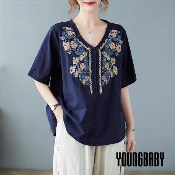 【YOUNGBABY中大碼】民俗風花朵刺繡V領上衣 中大尺碼女裝