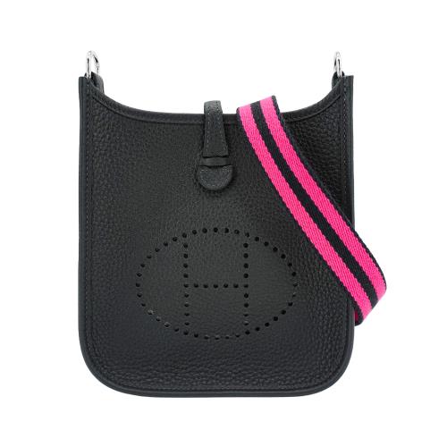 Hermes 展示品 Mini Evelyne TC牛皮銀釦桃藍背帶斜背包(黑)