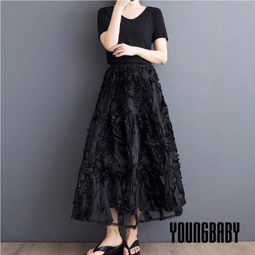 【YOUNGBABY中大碼】立體花卉車縫造型A字裙 中大尺碼女裝