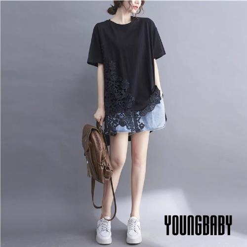 【YOUNGBABY中大碼】下擺拼接縷空花蕾絲長版上衣 中大尺碼女裝