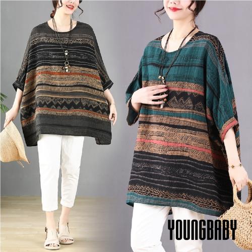 【YOUNGBABY中大碼】民俗風彩條棉麻寬鬆蝙蝠袖上衣 中大尺碼女裝