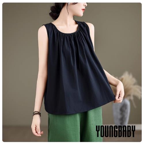 【YOUNGBABY中大碼】圓領胸口抓皺寬肩背心 中大尺碼女裝