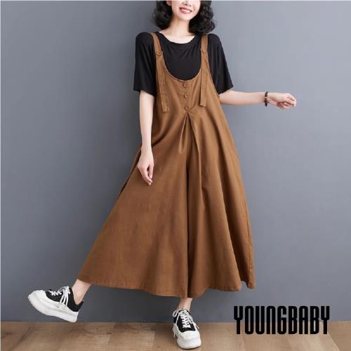 【YOUNGBABY中大碼】三釦大U領釦子肩帶棉麻闊腿褲裙 中大尺碼女裝