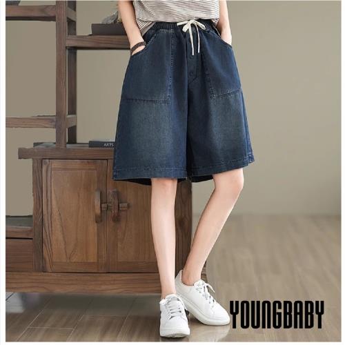 【YOUNGBABY中大碼】側斜口袋牛仔鬆緊綁帶短褲 中大尺碼女裝
