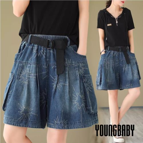 【YOUNGBABY中大碼】立體口袋刺繡火花牛仔褲裙闊腿褲 中大尺碼女裝