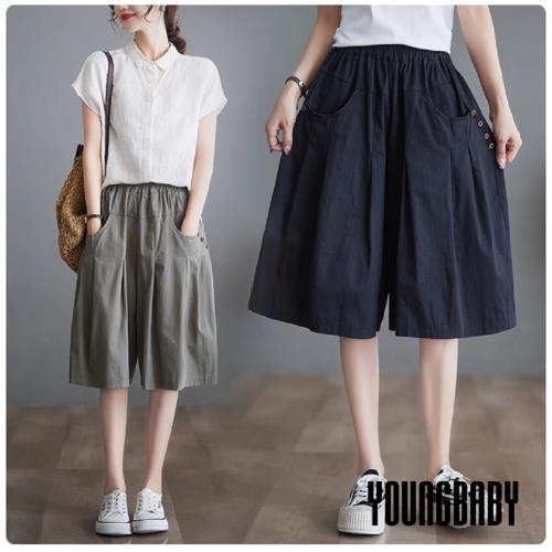 【YOUNGBABY中大碼】抓皺排釦口袋休閒五分鬆緊褲裙 中大尺碼女裝
