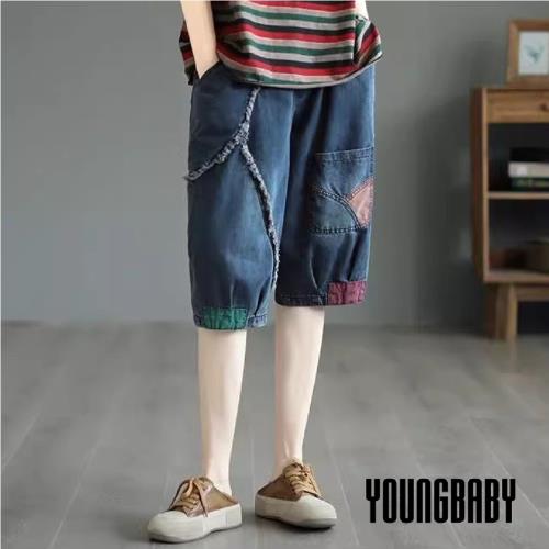 【YOUNGBABY中大碼】鬚鬚車線拼接口袋五分鬆緊牛仔褲 中大尺碼女裝