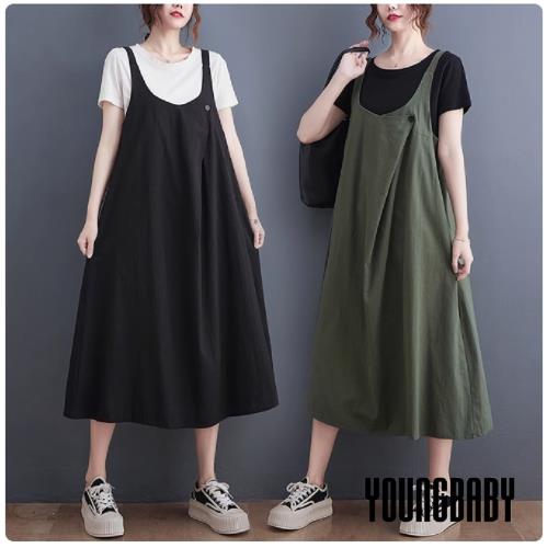 【YOUNGBABY中大碼】胸口一折一釦寬鬆棉麻A字吊帶裙 中大尺碼女裝
