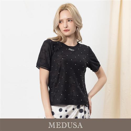 現貨【MEDUSA 曼度莎】水鑽點點緹花微透上衣（M-2L）｜女上衣 氣質上衣 短袖上衣