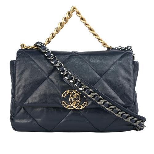 二手商品9成新_CHANEL Chanel 19金色CC Logo三色鍊帶菱格紋口蓋包(深藍色)