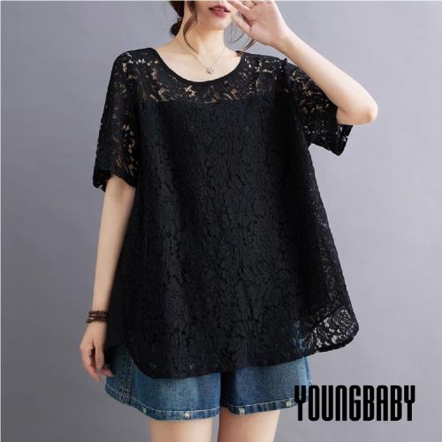 【YOUNGBABY中大碼】氣質縷空蕾絲傘狀上衣 中大尺碼女裝