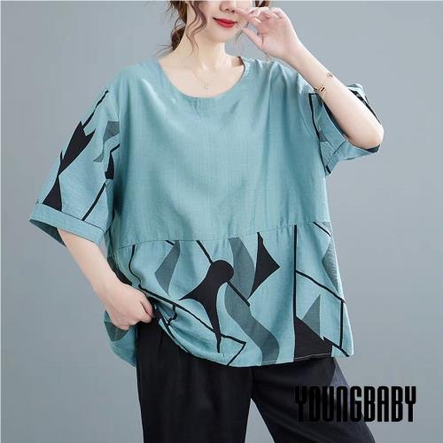 【YOUNGBABY中大碼】拼接幾何撞色紋路上衣 中大尺碼女裝