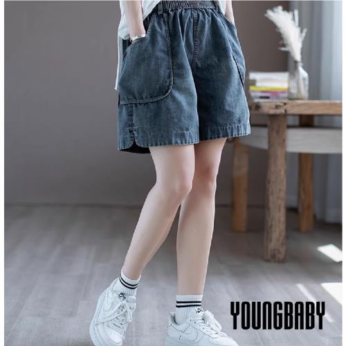 【YOUNGBABY中大碼】大方口袋開叉鬆緊牛仔短褲 中大尺碼女裝