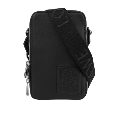 LOEWE Logo 壓印緞面小牛皮直式斜背包(黑色) C565S59X03 1100