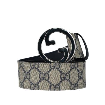 GUCCI Blondie GG 銀色標誌塗層帆布及皮革寬4cm皮帶 85cm(藍色)