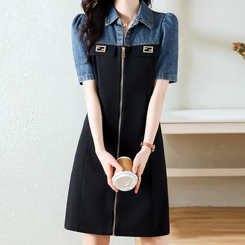 麗質達人 - 1138牛仔拼接假二件洋裝-LY