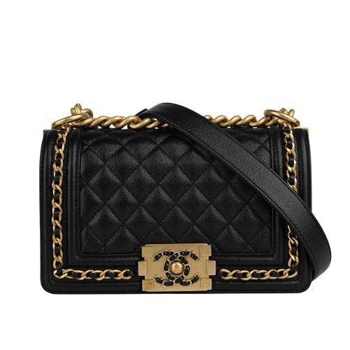 展示商品_CHANEL 金釦荔枝牛皮皮穿鍊設計 Boy Chanel 20cm(黑色)