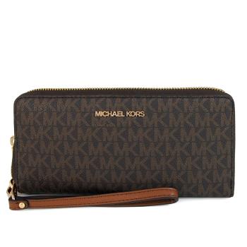 MICHAEL KORS 金字滿版LOGO拉鍊式手提長夾(咖啡色)