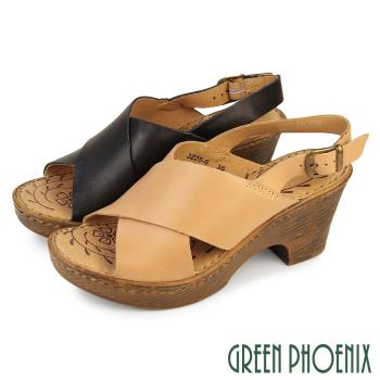 GREEN PHOENIX 女 涼鞋 高跟涼鞋 厚底涼鞋 楔型涼鞋 粗跟 交叉 真皮 牛皮 輕量U60-2B256