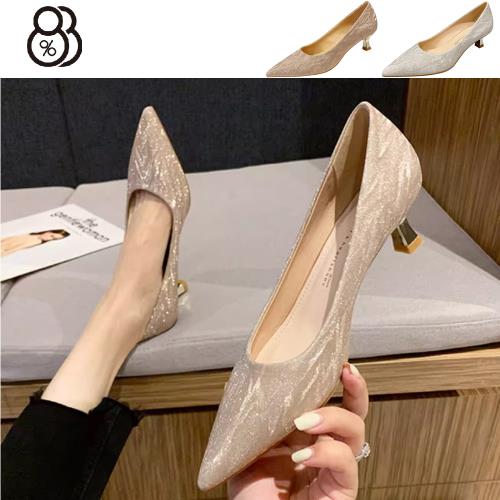 【88%】跟高3.5cm 法式淺口尖頭粗跟婚鞋 低跟細跟單鞋 新娘晚宴鞋 2色