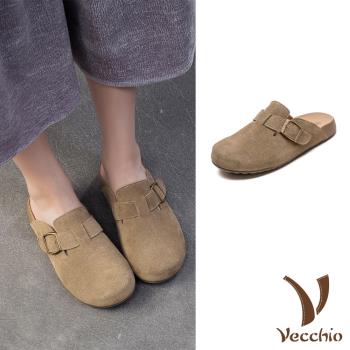 【VECCHIO】翻絨牛皮寬楦包頭拖鞋/真皮翻絨牛皮金屬皮帶釦寬楦包頭拖鞋 女鞋 卡其
