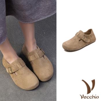 【VECCHIO】翻絨牛皮平底休閒鞋/真皮翻絨牛皮金屬皮帶釦百搭舒適平底休閒鞋 女鞋 卡其
