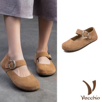 【VECCHIO】翻絨牛皮皮帶釦平底娃娃鞋/真皮翻絨牛皮經典皮帶釦平底娃娃鞋 女鞋 棕