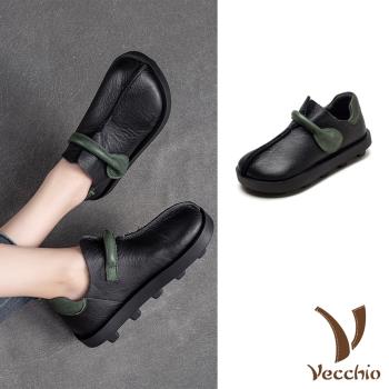 【VECCHIO】全真皮撞色平底樂福鞋/全真皮頭層牛皮撞色一字包根飾帶平底樂福鞋 女鞋 黑