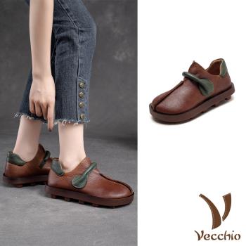 【VECCHIO】全真皮撞色平底樂福鞋/全真皮頭層牛皮撞色一字包根飾帶平底樂福鞋 女鞋 棕