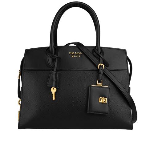 二手商品 9.2成新_PRADA Esplanade 金字浮雕標誌防刮皮革二用中款托特包(黑色)
